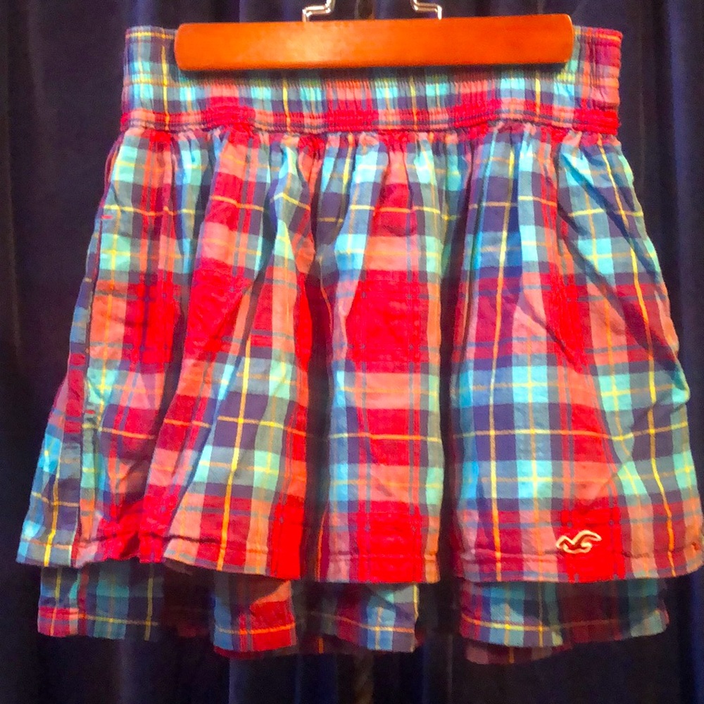 Hollister plaid flouncy two tiered lined mini skirt turquoise, red, yellow, navy